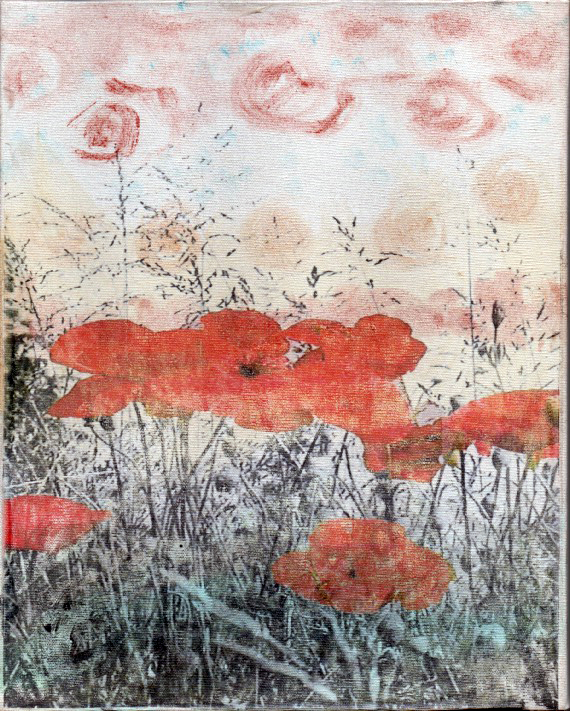 papaveri rosso vermiglione in campo di erbe con cielo astratto su tela a riporto a caldo