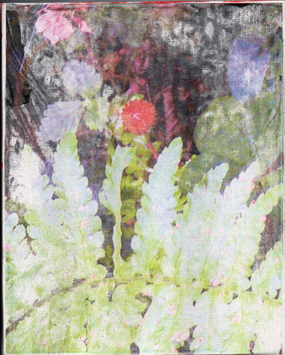 piccola tela con tecnica riporto a caldo con felce verde e piccolo frutto rosso