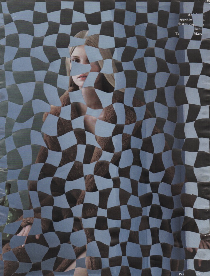 Figura umana scomposta e ricomposta in una trama visiva unica. Human figure deconstructed and recomposed into a unique visual weave.