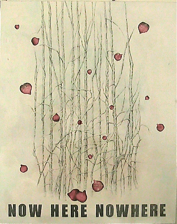 alberi tronchi paralleli e slanciati a grafite su tela madreperla con petali rossi