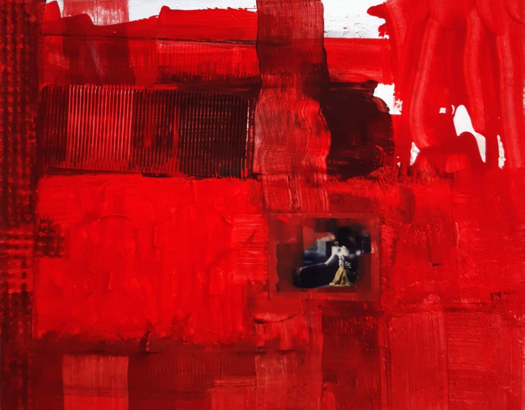 acrilico e collage su tela - la Tenda Rossa - elegia del parto- opera di Arya 2020