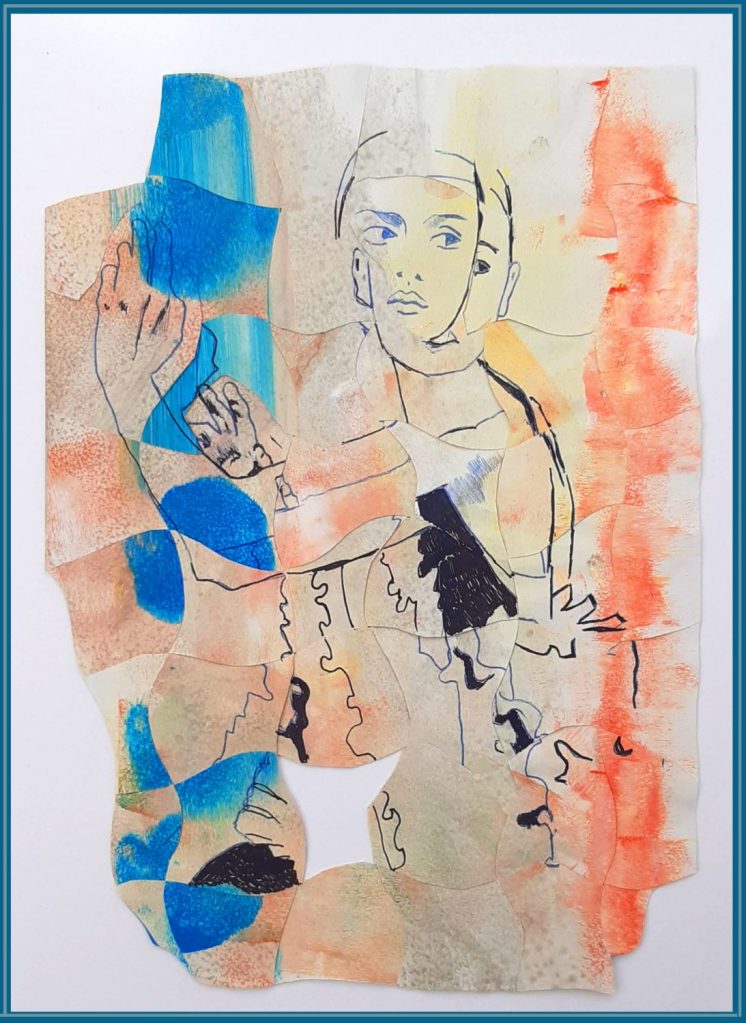 intreccio con figura in posizione aggraziata, blu arancio e penna nera, tema del doppio