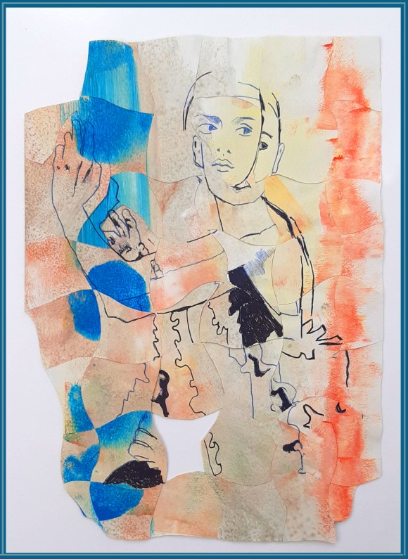 intreccio con figura in posizione aggraziata, blu arancio e penna nera, tema del doppio