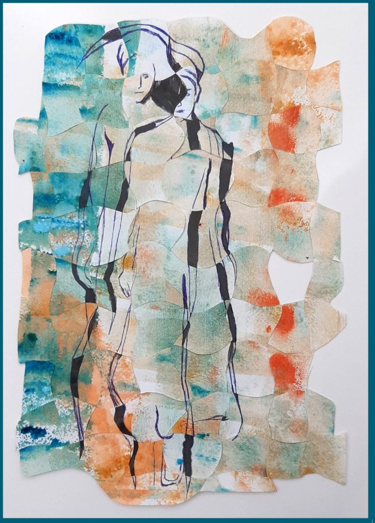 intreccio due figure analoghe tema del doppio, azzurro e arancio, acrilico e penna nera