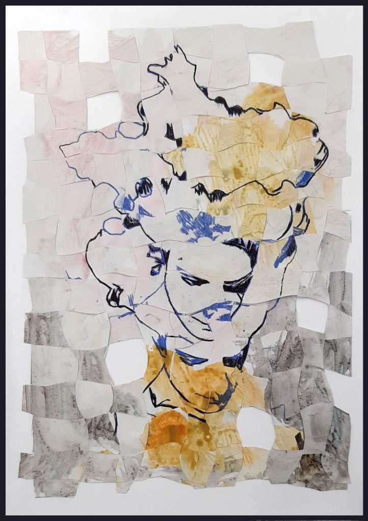 intreccio con volto assorto , tema del doppio, blu giallo e grigio acrilico e penna