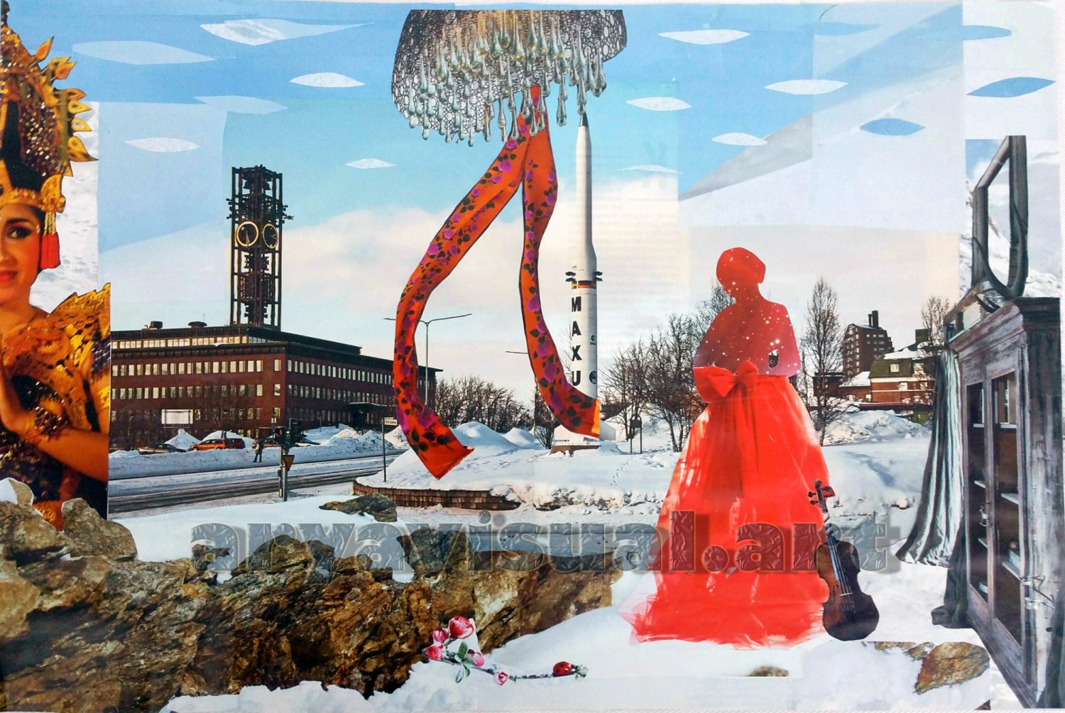 "SFigura rossa di damigella in un paesaggio alieno, con neve collage analogico con elementi magici"