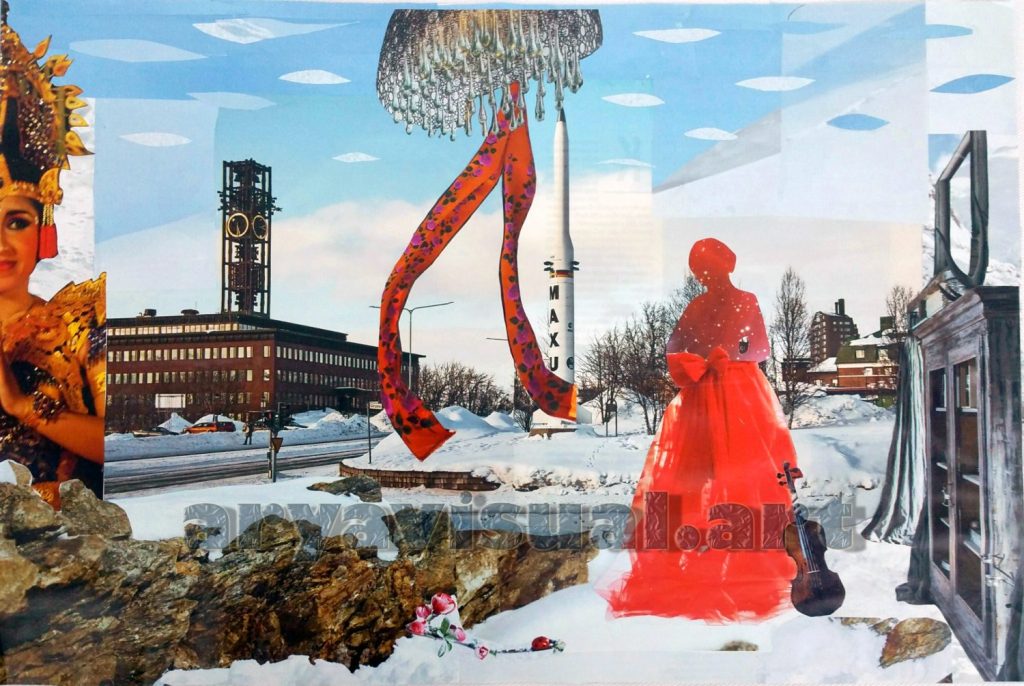 "SFigura rossa di damigella in un paesaggio alieno, con neve collage analogico con elementi magici"