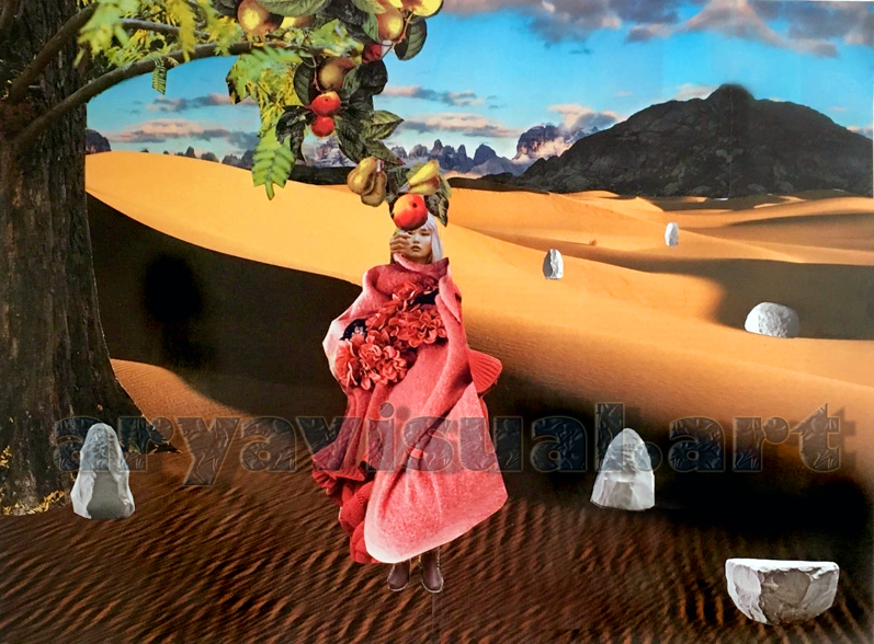 "Strega che coglie una mela in un paesaggio alieno, collage analogico con elementi magici"