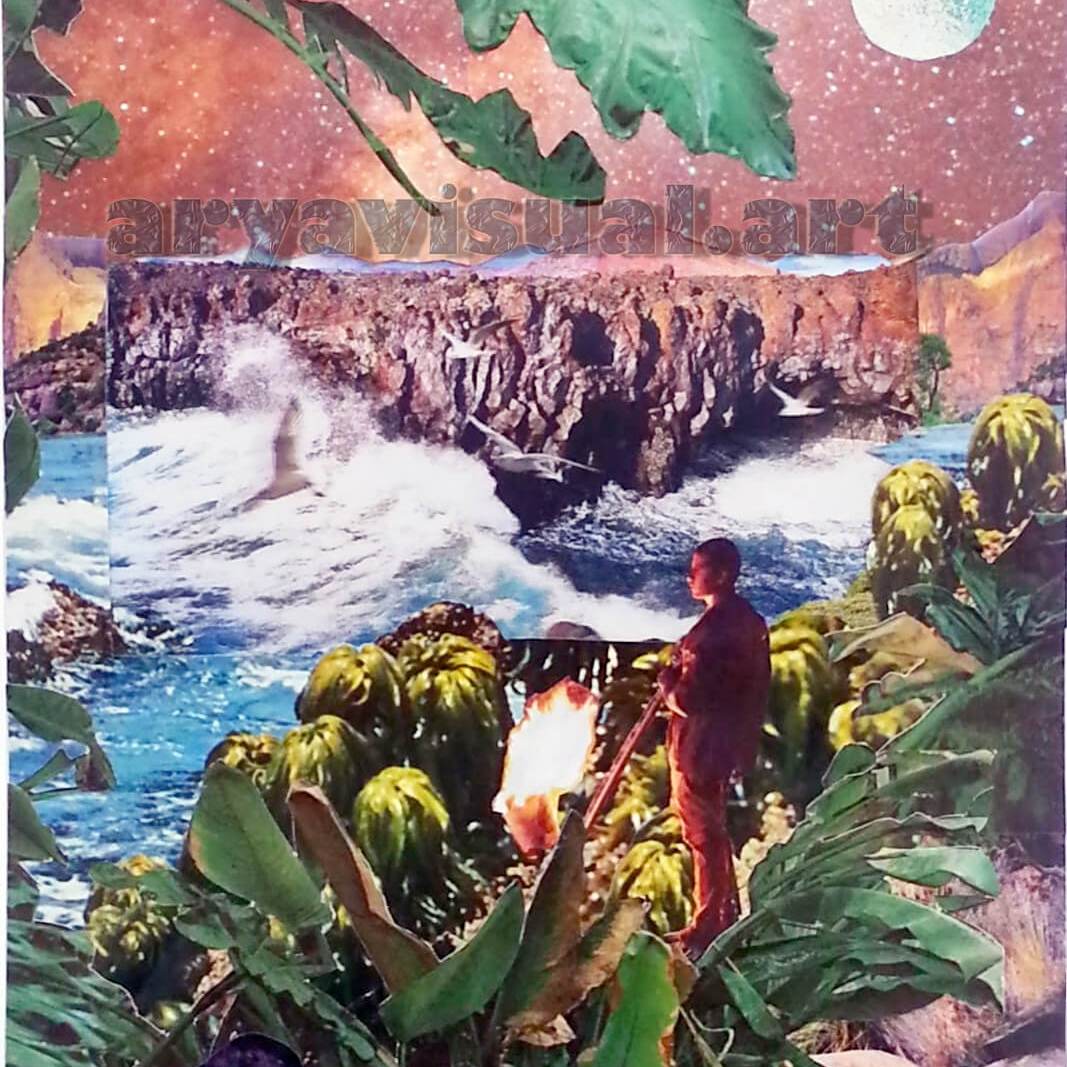 Collage surrealista aryavisual che esplora mondi immaginari con sciamano e fiume con l'inserimento di un'immagine 3D. aryavisual surreal collage exploring imaginary worlds with a sciaman and a river, with integrated 3D imagery.