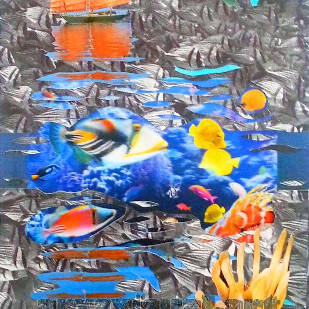 Opera di aryavisual, collage visionario a tema del mare che combina immagini oniriche e dettagli tridimensionali." Aryavisual artwork, visionary collage blending dreamlike and sea related images with three-dimensional details.