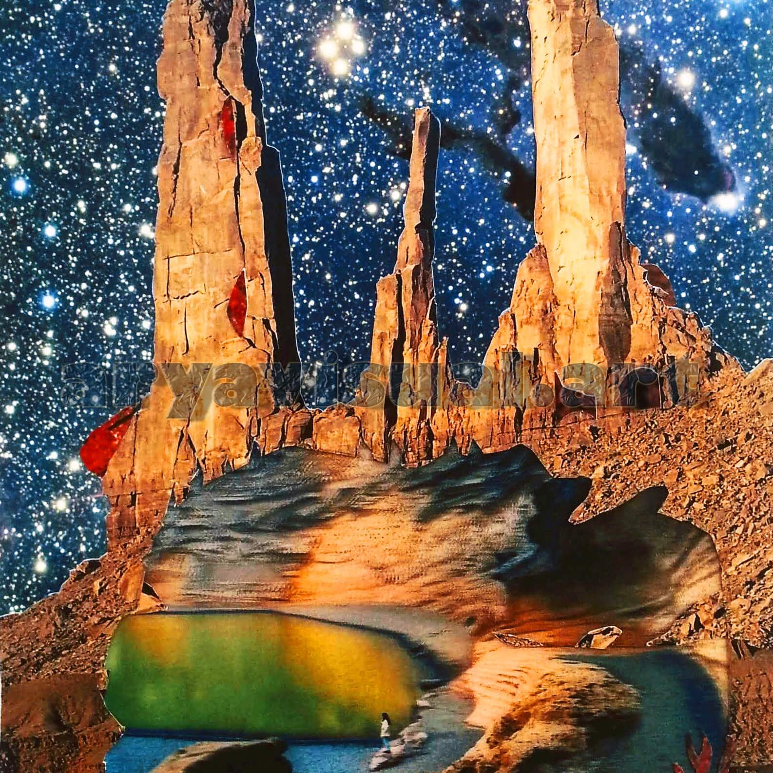 Collage artistico aryavisual che raffigura un mondo fantastico con elementi tridimensionali in 3D." aryavisual artistic collage depicting a fantastic world with 3D elements and surreal atmosphere."