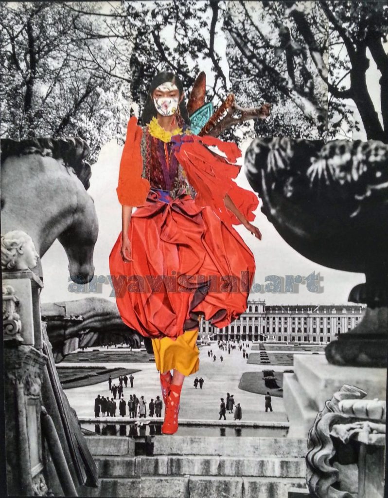 "Strega guerriera abito rosso e giallo con sfondo di una piazza in bianco e nero, collage analogico con elementi magici"