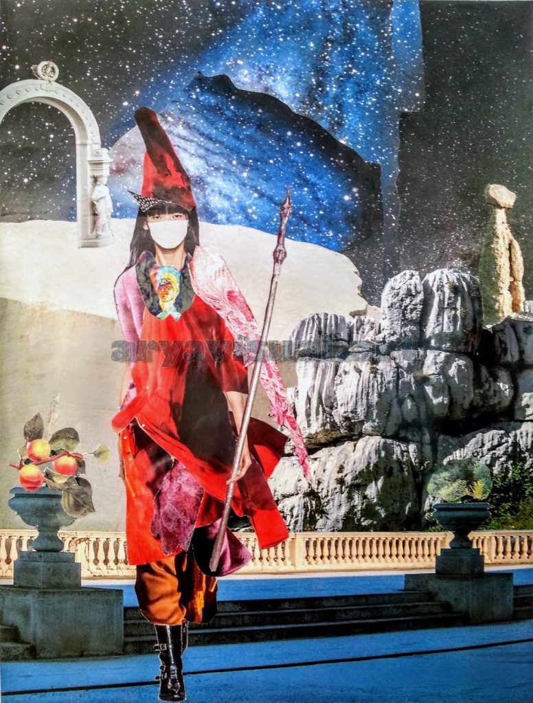 "Strega guerriera in un paesaggio alieno cosmo rocce e frutta, collage analogico con elementi magici"