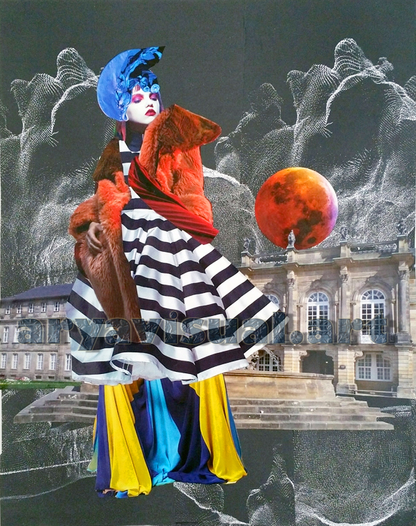 "Strega elegante in un paesaggio alieno con sfondo di palazzo regale, collage analogico con elementi magici"