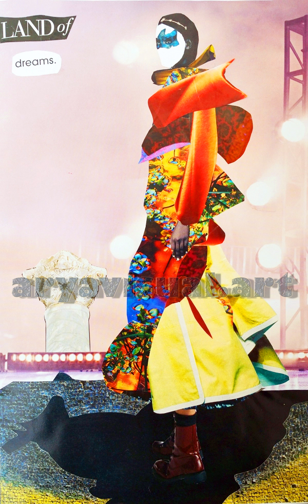 "Strega in un paesaggio alieno dal nome land of dreams, collage analogico con elementi magici"