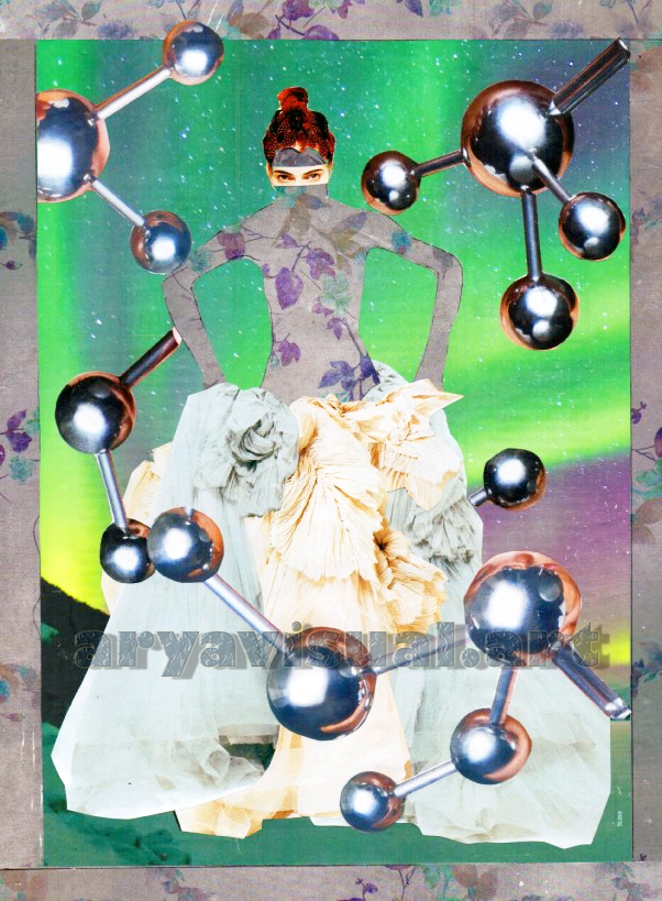 "Strega con potere sugli atomi , collage analogico con elementi magici"