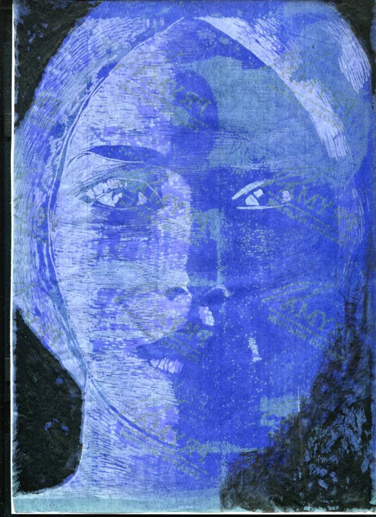 volto di donna con sguardo diretto, carta copiativa blu e china nera