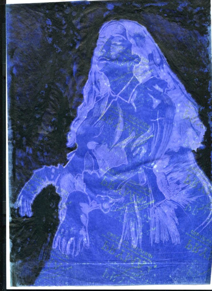 figura quasi intera di donna, creata con carta copiativa blu, colori blu e nero china