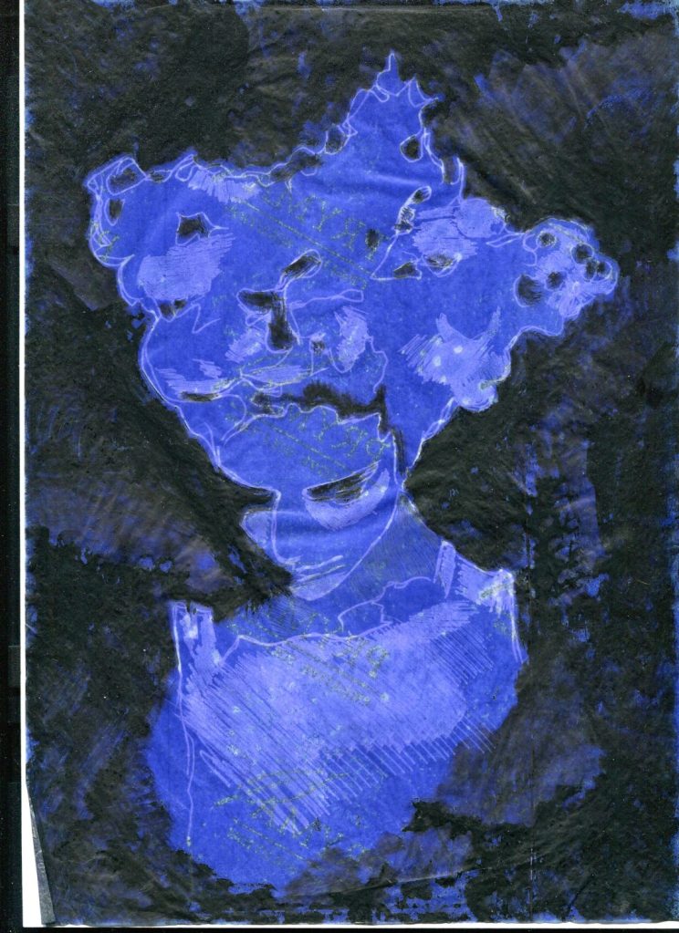 testa di donna con elaborata acconciatura, carta copiativa indaco e china nera sullo sfondo