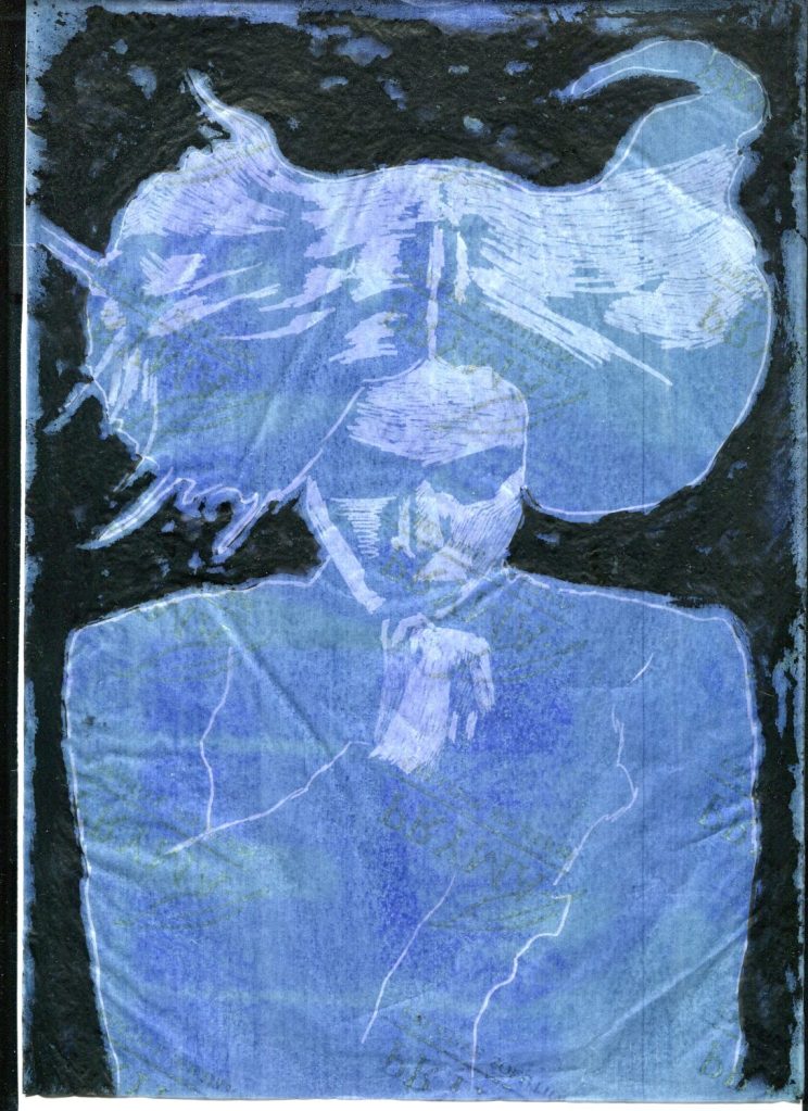 mezzobusto femminile in posizione assorta, carta copiativa blu indaco e china nera