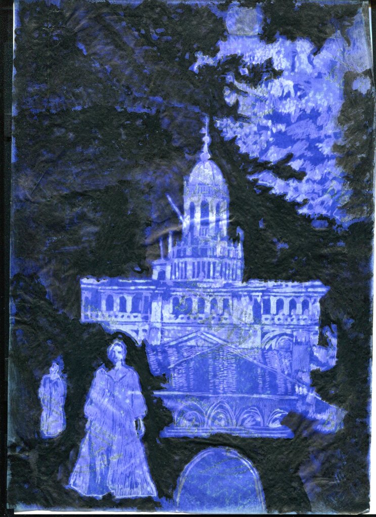 architettura misteriosa e figura femminile enigmatica, inchiostro nero su carta copiativa indaco