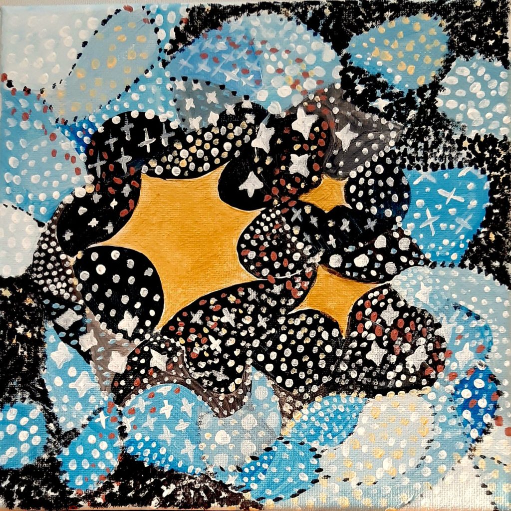 tre stelle d'oro su fondo astratto colori azzurro nero bianco e rosso