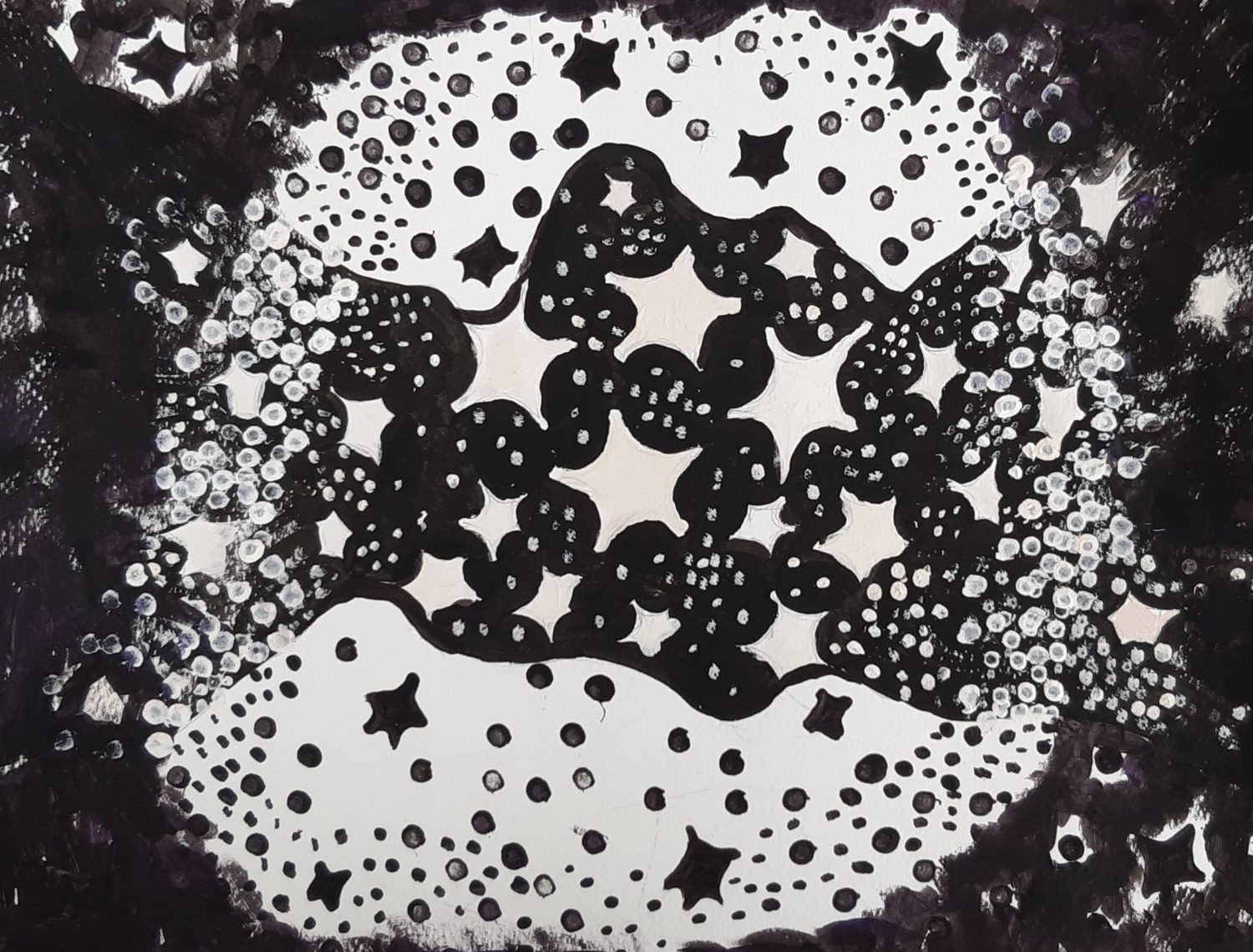 opera su carta acrilico bianco e nero, yin e yang, stelle e cosmo