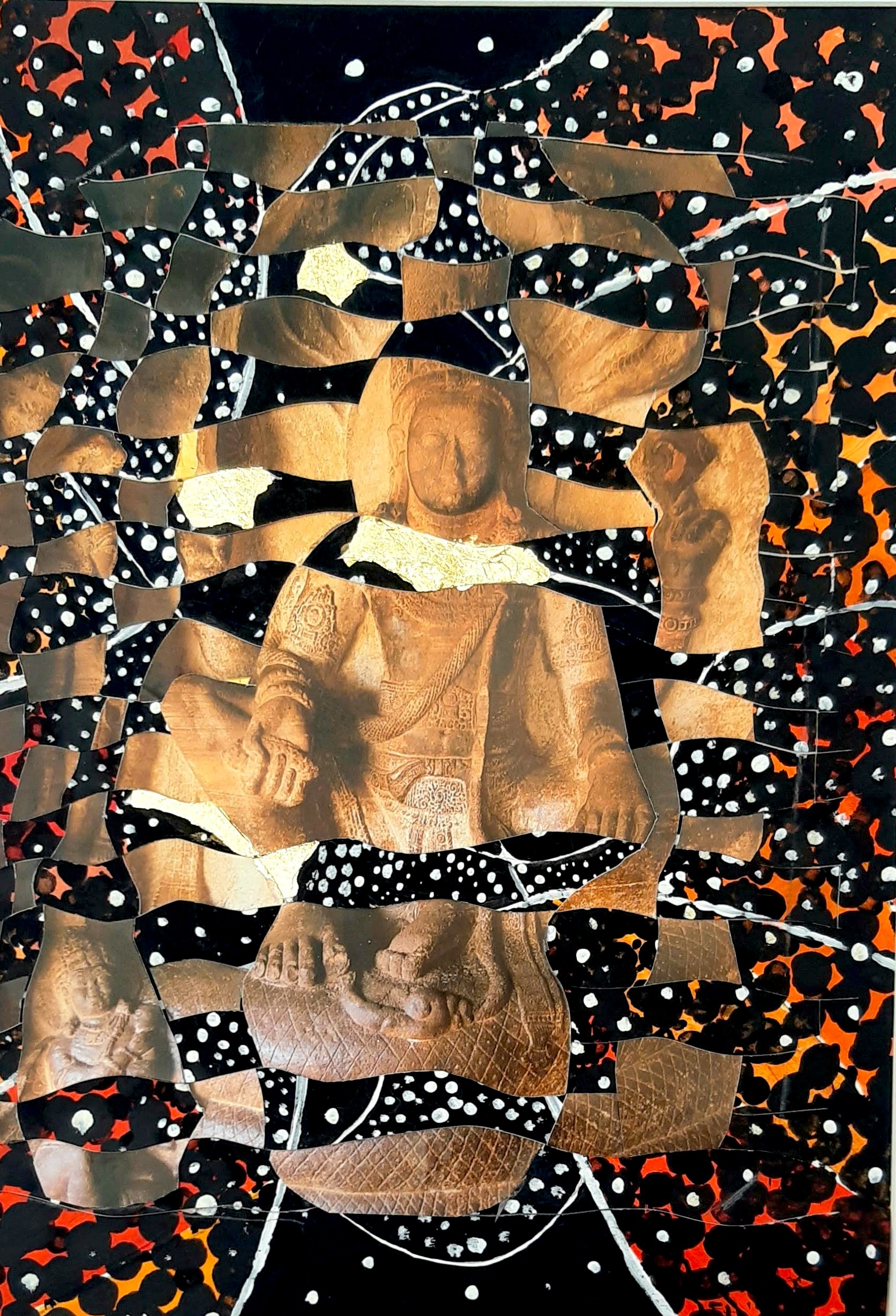 Intreccio artistico con immagine del Buddha, equilibrio e meditazione.” Interwoven artwork with Buddha image, balance and meditation.