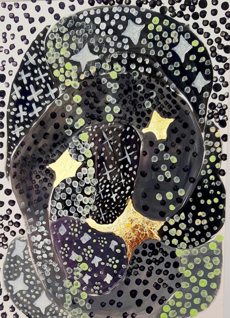 Opera intreccio con motivo di stelle, geometria luminosa e celeste.” Interwoven artwork with a star motif, luminous and celestial geometry.”